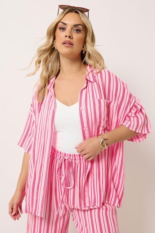 YOURS Plus Size Pink Stripe Crinkle Shirt | Yours Clothing 1