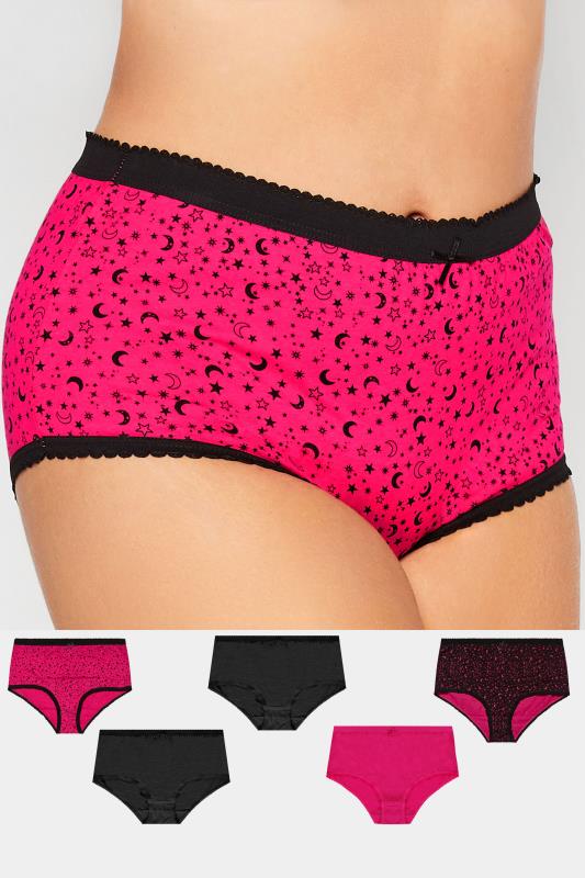 Plus Size  5 PACK Curve Pink Star & Moon Print High Waisted Full Briefs