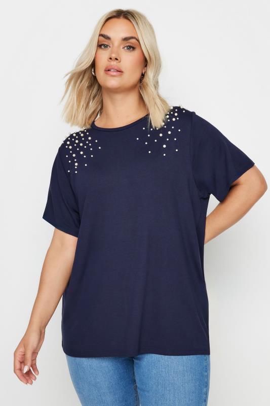 YOURS Plus Size Navy Blue Pearl Detail T-Shirt | Yours Clothing 1