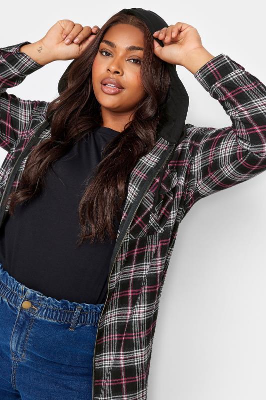 YOURS Plus Size Pink Check Print Hooded Shirt | Yours Clothing 5