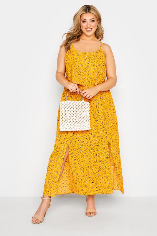 Plus Size  YOURS LONDON Curve Yellow Ditsy Floral Overlay Dress