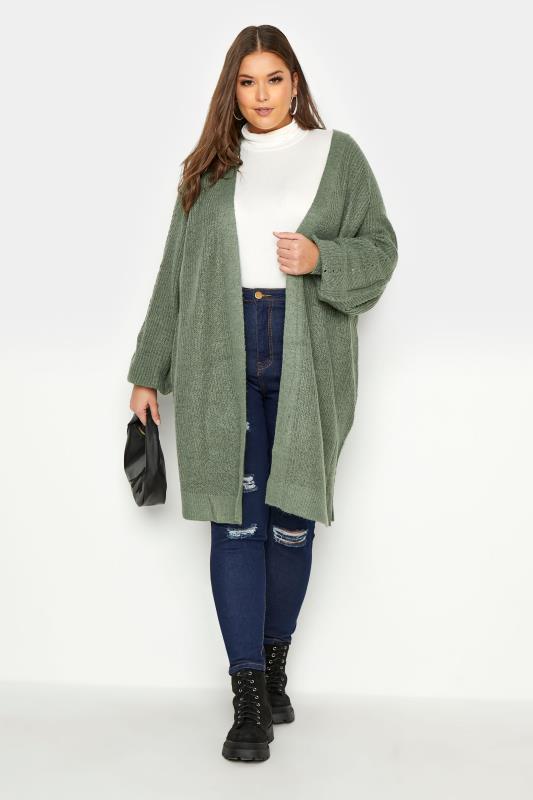 Curve Sage Green Balloon Sleeve Knitted Cardigan 2