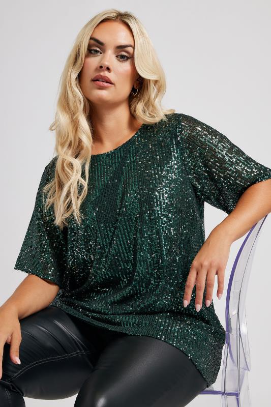 YOURS LONDON Plus Size Emerald Green Sequin Swing Top | Yours Clothing  1