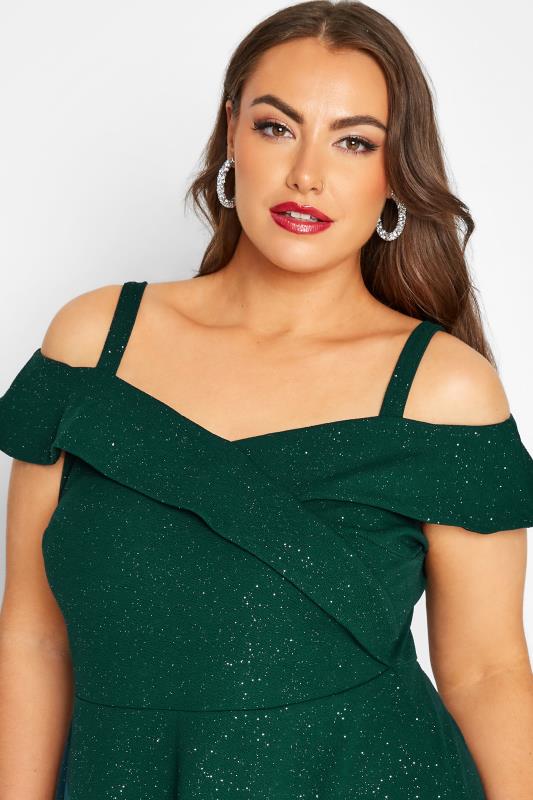 YOURS LONDON Plus Size Green Glitter Bardot High Low Bridesmaid Dress | Yours Clothing 4
