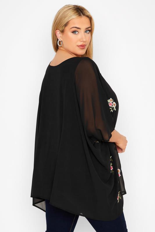 YOURS LONDON Plus Size Black Embroidered Floral Cape Top | Yours Clothing 3