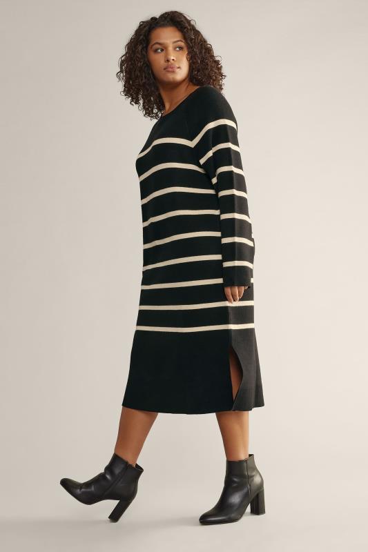 EVANS Plus Size Black & Ivory White Striped Knitted Jumper Dress | Evans 2