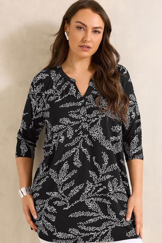 EVANS Curve Black Leaf Print Jersey Top
