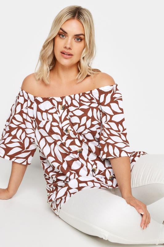  Grande Taille YOURS Curve Brown Leaf Print Bardot Top