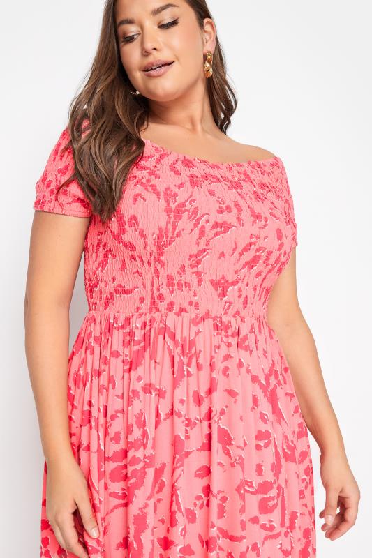 Plus Size Pink Animal Print Shirred Bardot Midaxi Dress | Yours Clothing 4