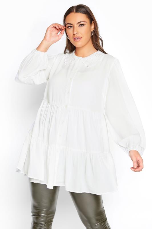 LIMITED COLLECTION Curve White Embroidered Collar Tiered Hem Shirt 1