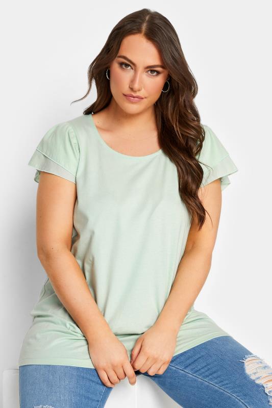 YOURS Plus Size Mint Green Frill Sleeve T-Shirt | Yours Clothing 2