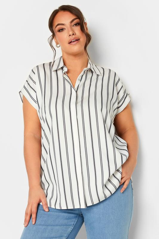 YOURS Curve Plus Size White Stripe Short Sleeve Shirt | Yours Clothing  1