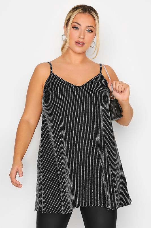 LIMITED COLLECTION Plus Size Curve Black & Silver Glitter Cami Swing Style Top | Yours Clothing 1