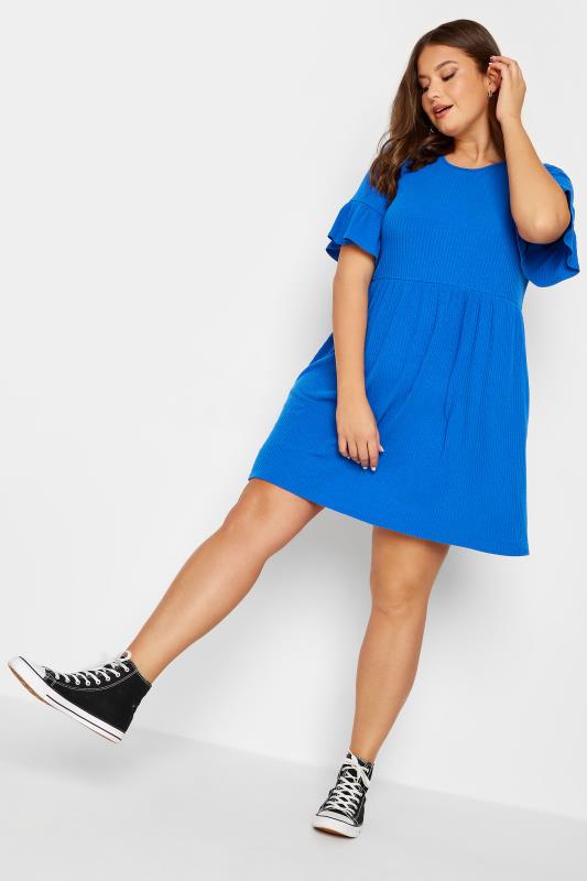 YOURS Curve Plus Size Cobalt Blue Frill Sleeve Tunic Dress 2