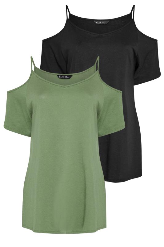 YOURS Curve Plus Size 2 PACK Black & Khaki Green Cold Shoulder T-Shirts | Yours Clothing  8
