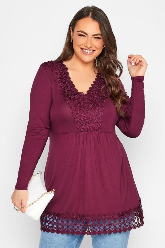 Plus Size  YOURS Curve Dark Pink Crochet Trim Long Sleeve Tunic Top
