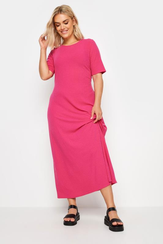 YOURS Plus Size Pink Ribbed Swing Maxi Dress | Yours Clothing 2