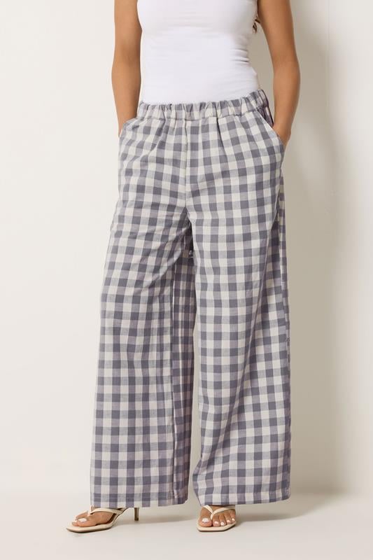 PixieGirl Petite Women's Grey Gingham Wide Leg Trousers | PixieGirl 1