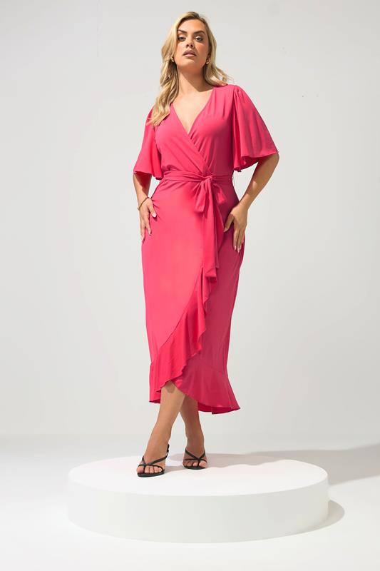 YOURS LONDON Plus Size Hot Pink Short Sleeve Ruffle Wrap Maxi Dress | Yours Clothing 1