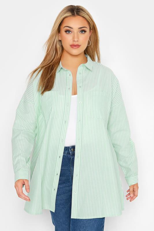 Plus Size  YOURS FOR GOOD Curve Sage Green Stripe Oversized Shirt
