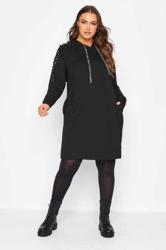 Plus Size Black Embellished Hoodie Dress | Yours Clothing 2