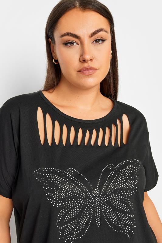 YOURS Plus Size Black Cut Out Butterfly Embellished T-Shirt | Yours Clothing 4