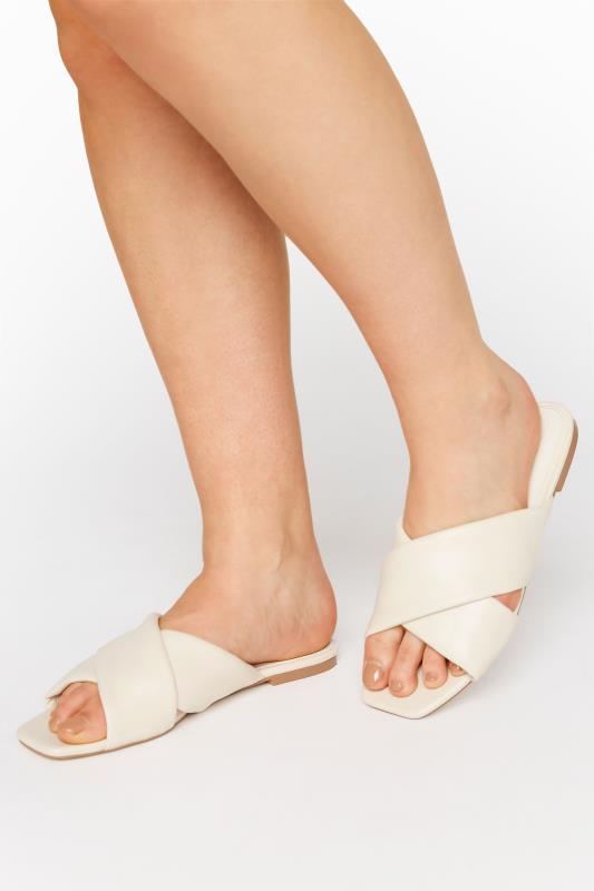 Tall  LTS White Cross Strap Square Mules In Standard D Fit