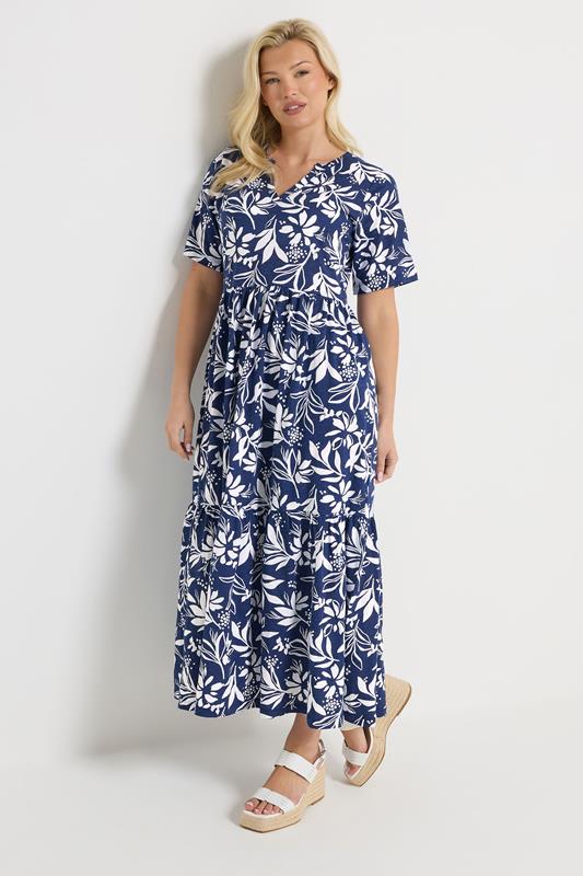 M&Co Blue Leaf Print Notch Neck Cotton Maxi Dress | M&Co 1