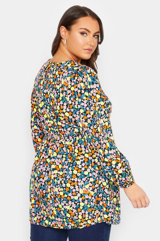 Curve Plus Size Blue & Orange Floral Balloon Sleeve Shirred Waist Peplum Top | Yours Clothing  3