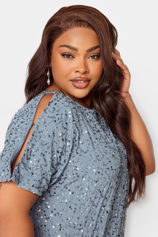 LUXE Plus Size Light Blue Sequin Hand Embellished Cape Dress | Yours Clothing 4
