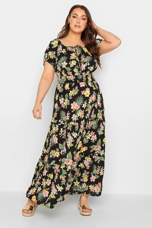 Plus Size  YOURS Curve Black Tropical Print Bardot Maxi Dress