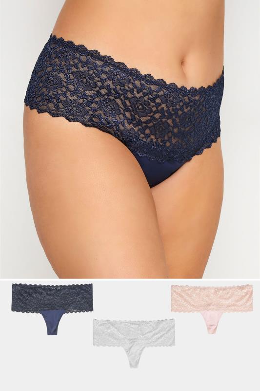 3 PACK Curve Navy Blue & Pink Lace Low Rise Brazilian Knickers 1