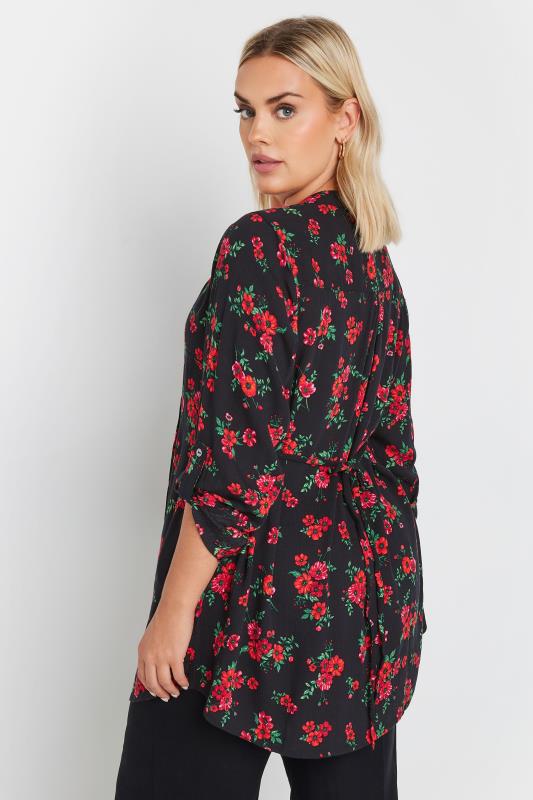 YOURS Plus Size Black & Red Floral Print Sequin Embellished Pintuck Blouse | Yours Clothing 3