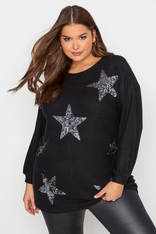  Curve Black Sequin Star Soft Touch Jumper