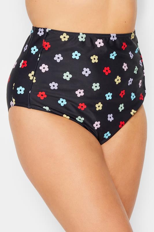 YOURS Plus Size Black Daisy Print High Waisted Tummy Control Bikini Brief | Yours Clothing 1