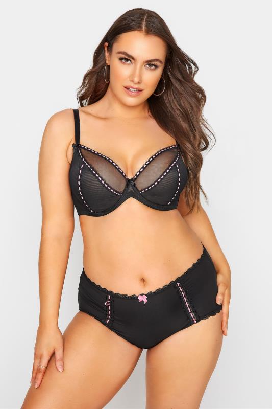 Plus Size Black & Pink Ribbon Non-Padded Underwired Balcony Bra | Yours Clothing 2