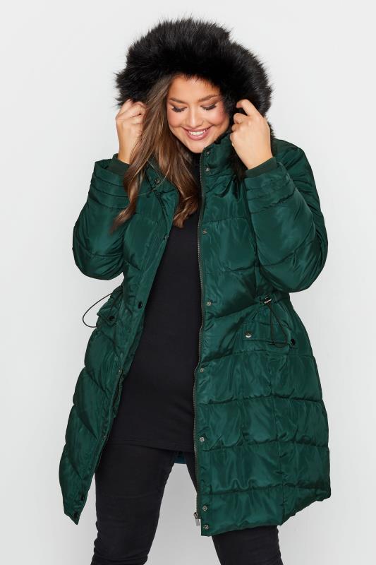 Curve Forest Green Panelled Puffer Midi Coat 5