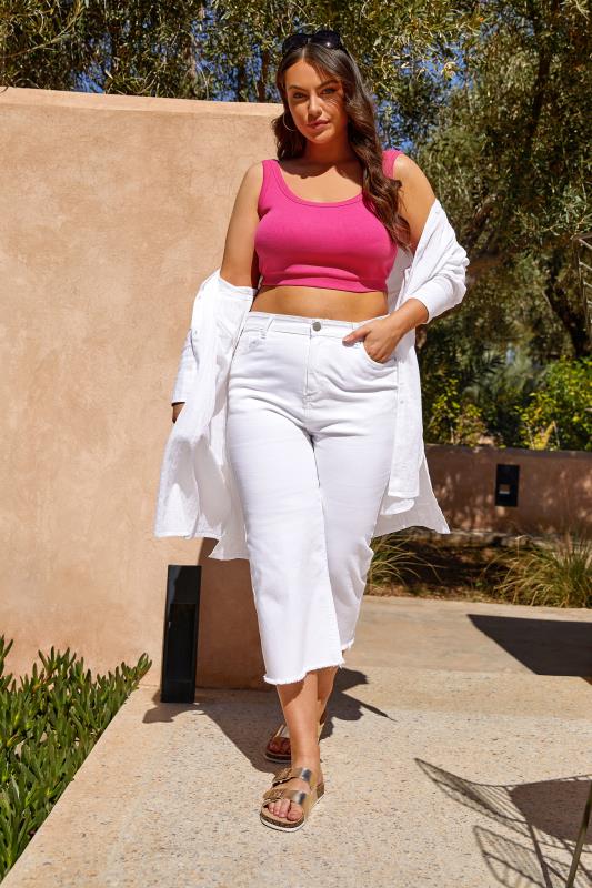 Plus Size  YOURS Curve White Stretch Wide Leg Cropped Jeans