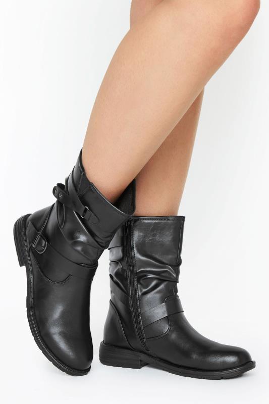 Black Vegan Faux Leather Buckle Detail Boots In Wide E Fit 2
