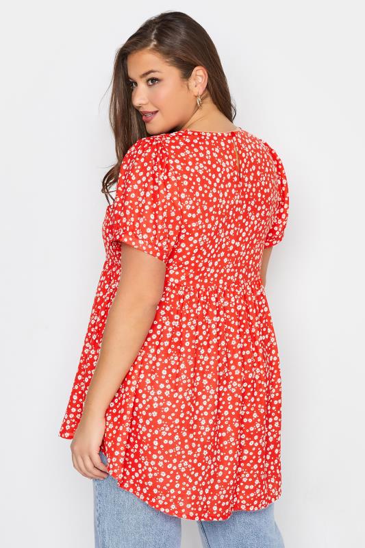 Plus Size Red Daisy Print Dipped Hem Peplum Top | Yours Clothing 3