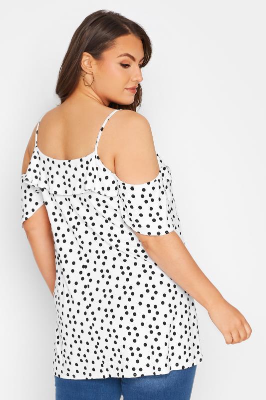 Plus Size White Polka Dot Frill Cold Shoulder Top | Yours Clothing  3