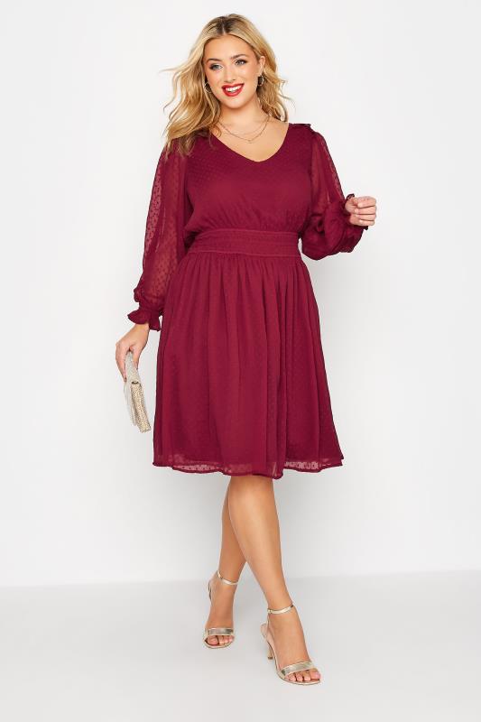 YOURS LONDON Curve Red Dobby Ruffle Shoulder Dress 1