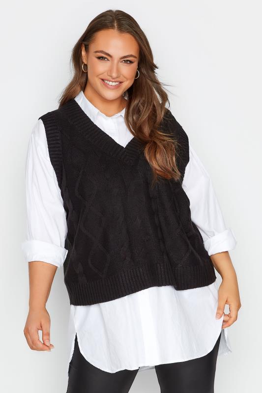 Plus Size Black Cable Knit Sweater Vest Top | Yours Clothing 1