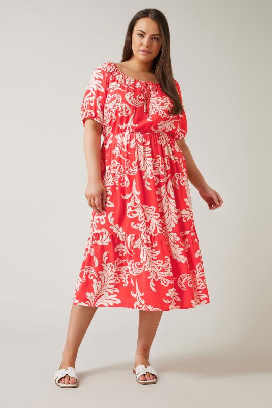 EVANS Plus Size Red Abstract Print Tiered Midi Dress | Evans  1