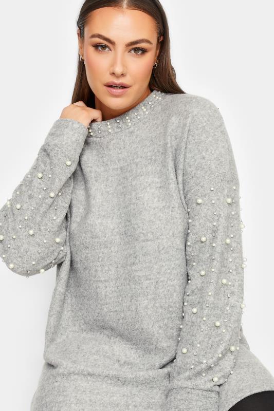  Tallas Grandes YOURS LUXURY Curve Grey Pearl & Sequin Embellished Long Sleeve Soft Touch Jumper