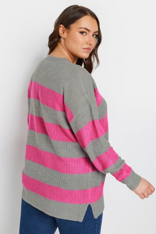 YOURS Plus Size Grey Pink Stripe Knitted Jumper Yours Clothing