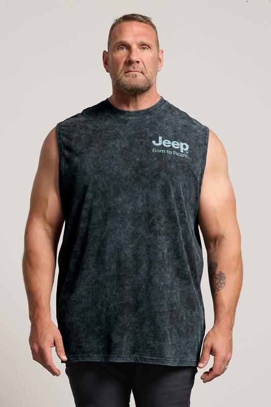 BadRhino Big & Tall Black Extra Long Acid Wash 'Jeep' Graphic Vest