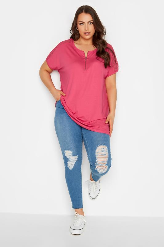 YOURS Plus Size Pink Lace Sleeve Zip T-Shirt | Yours Clothing 2