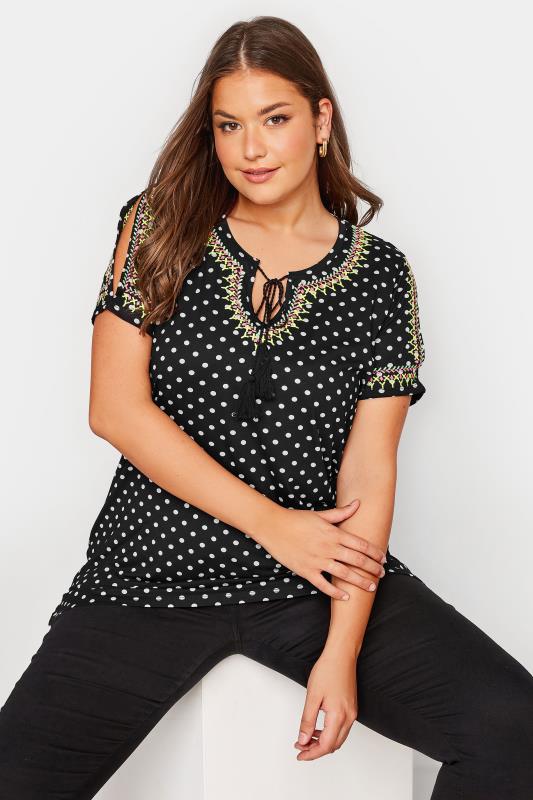 Curve Black Spot Print Embroidered Tie Neck Top 4