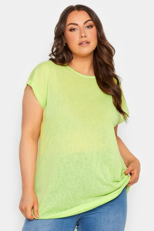 YOURS Curve Plus Size 2 PACK Lime Green Linen Look T-Shirt | Yours Clothing  2